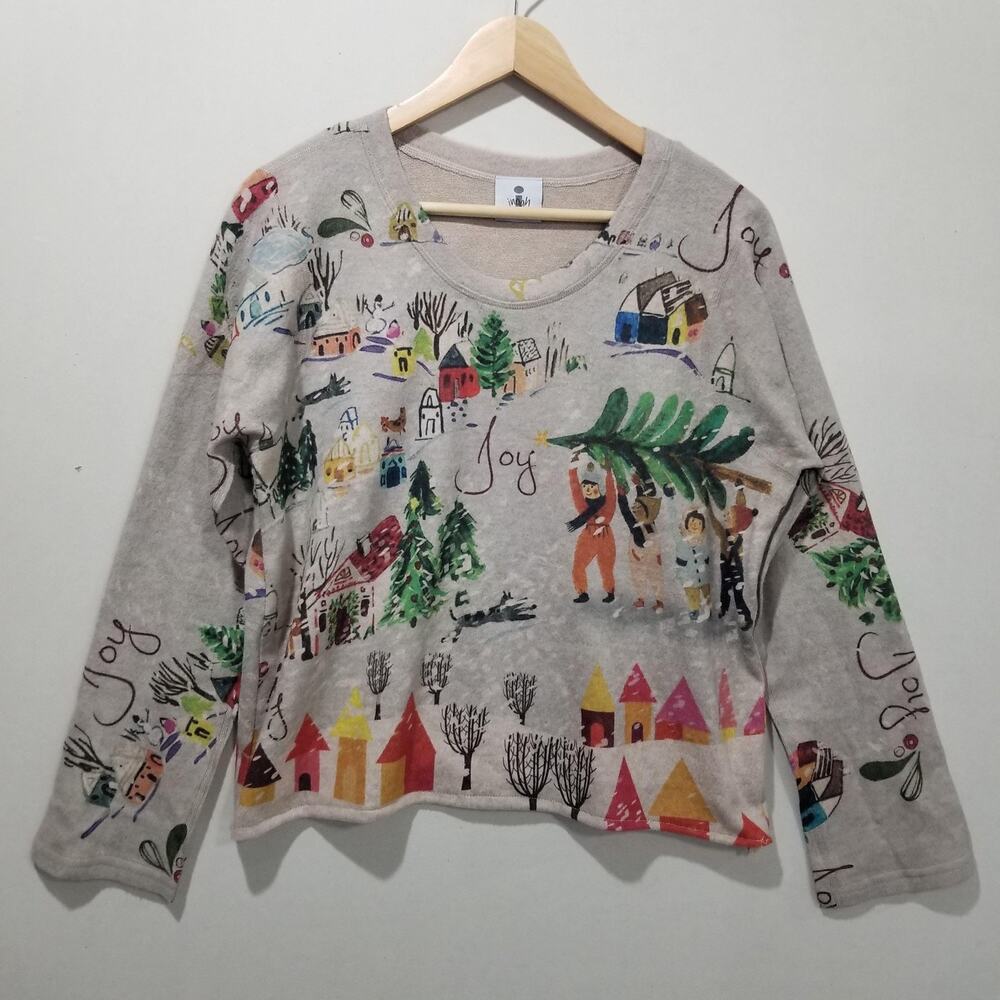 Inoah Top Womens Medium Multicolor Graphic Art to Wear Joy Christmas Fleece